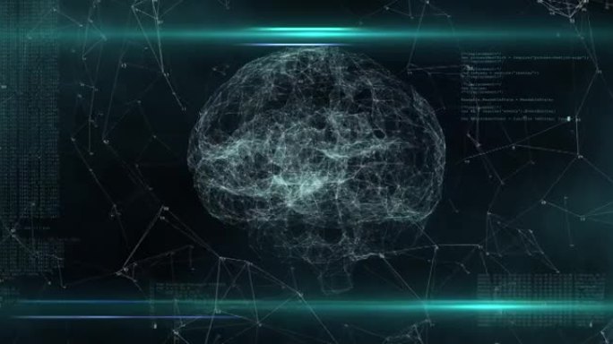 飞内部人工智能数字脑竞价数据思考过程的例证。未来科技动画，AI深度学习电脑机。3d渲染