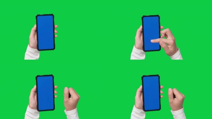 女人手握和触摸屏色度键绿屏背景上的蓝屏智能手机。