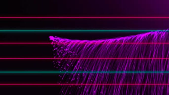 黑色上的紫色光迹滚动爆炸中闪烁的粉红色和绿色线条的动画