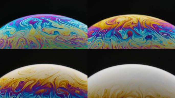 半圆一个肥皂泡表面五彩的运动隔离在黑色背景上。鲜艳的彩虹色在怪异和奇怪的图案。特写。慢动作