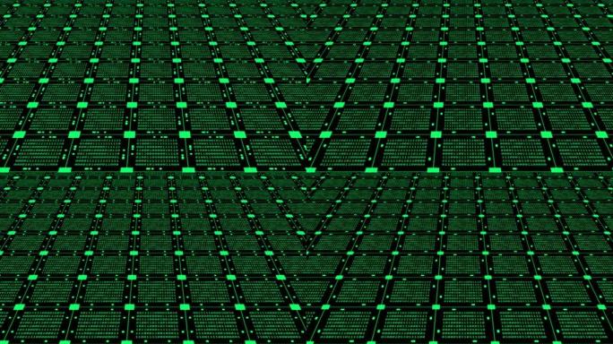 抽象技术背景动画-黑色背景上排列成正方形网格的随机变化二进制代码的绿色块
