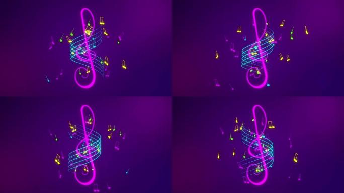 霓虹旋转音符和高音谱号动画4K，循环背景