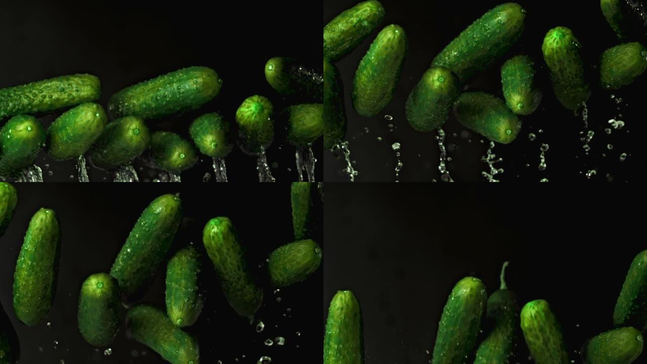 超级慢动作新鲜黄瓜与水飞溅。以1000 fps的高速相机拍摄。