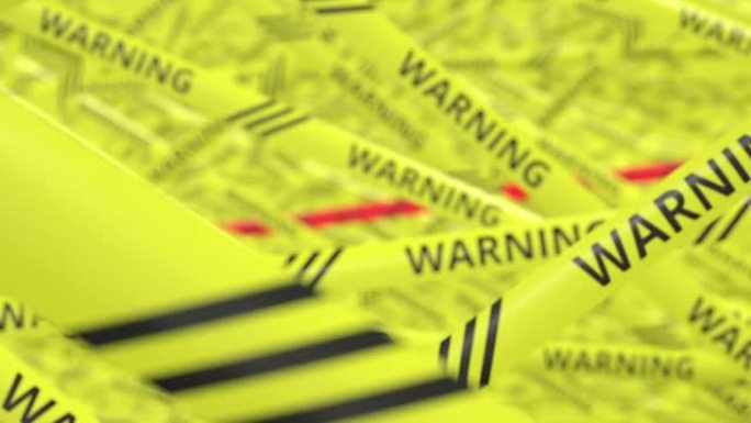 带有警告和2021文字的黄色和红色警告带。概念3d动画