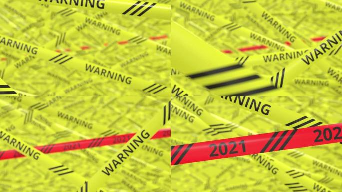 带有警告和2021文字的黄色和红色警告带。概念3d动画