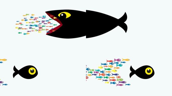 集体诉讼概念。大鱼吃反叛并攻击它的小鱼。团队合作、团结和力量的隐喻。动画插图。