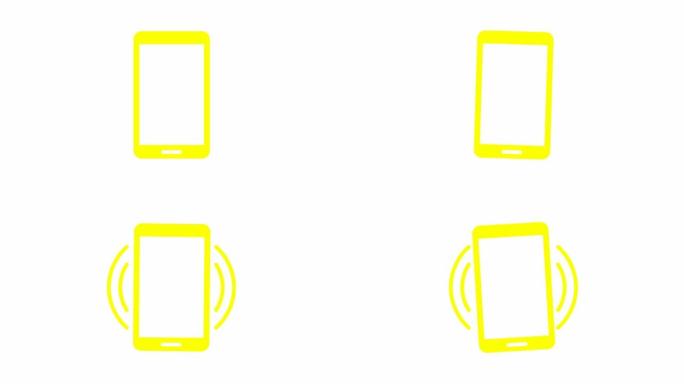手机的动画黄色图标。智能手机的象征。沟通的概念。循环视频。矢量插图孤立在绿色背景上。