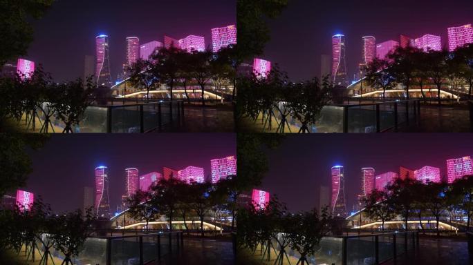 杭州市区夜间照明著名大剧院公园广场全景4k中国