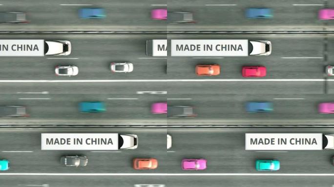 沿高速公路行驶的中国制造文字半挂卡车的俯视图。中国商业相关可循环3D动画