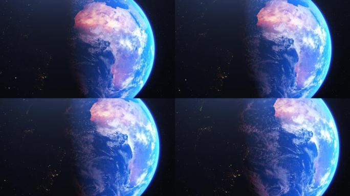 美丽的3d地球行星动画。空间变焦旋转视图，气候变化概念，全球化，宇宙和日出。世界行星卫星。4k中的恒