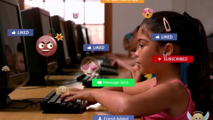 使用计算机在带有表情符号的横幅上播放社交媒体文本的动画