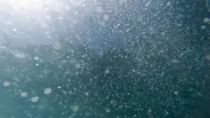 从海底看，许多气泡在太阳光线下漂浮到海面上