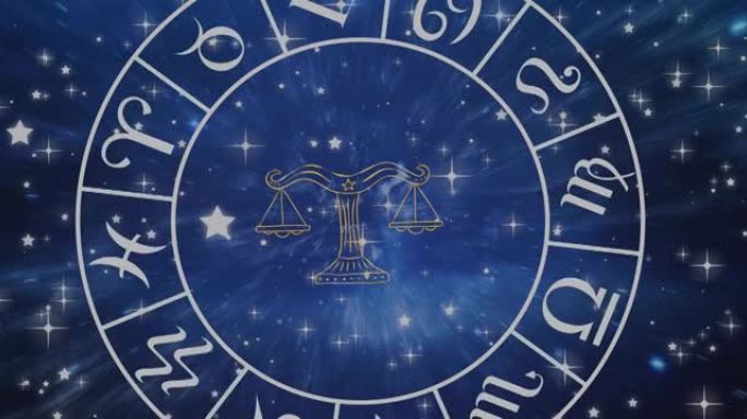旋转的十二生肖轮在发光的星星上的天秤座星座符号的组成