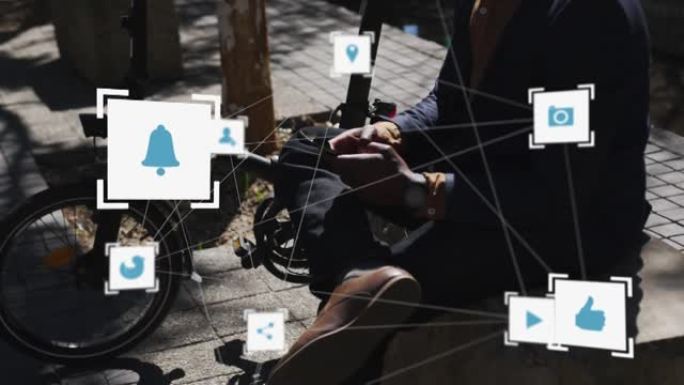 在街上使用智能手机的人的中间部分的数字图标网络