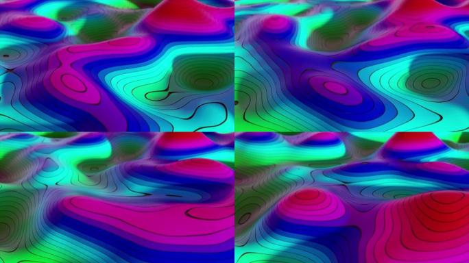地形图概念的摘要背景。等高线地图条纹。山谷和山脉。地理概念。波浪形背景。神奇霓虹灯弯曲漩涡线。无缝循