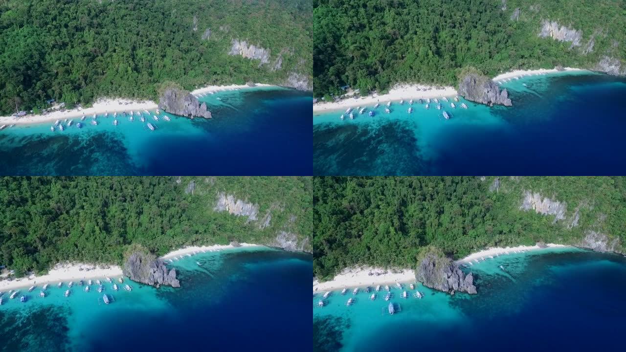 七个突击队和木瓜海滩在巴拉望，观光的地方。在菲律宾爱妮岛巡回演出。宁静的白色沙滩，清澈的绿松石水，背