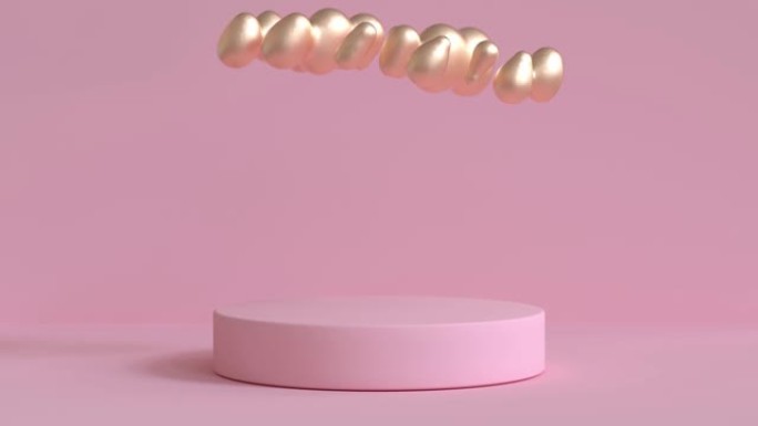 粉红色圆形舞台3d渲染上的金色气泡形状悬浮