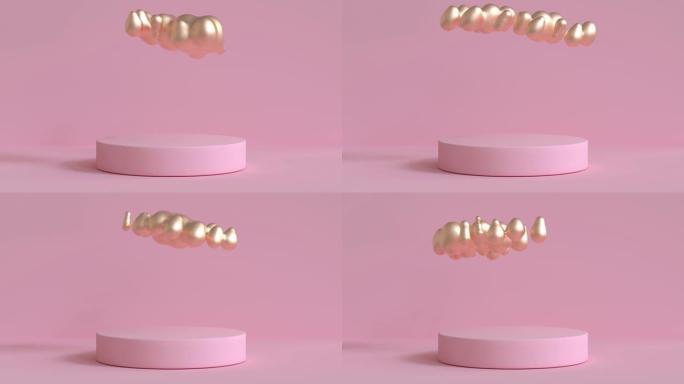 粉红色圆形舞台3d渲染上的金色气泡形状悬浮
