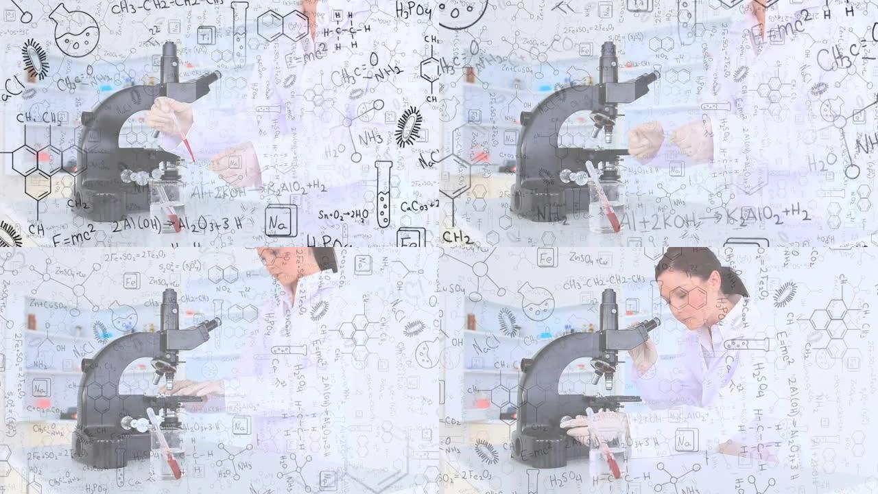 使用显微镜对高加索妇女进行数学方程式和化学图标的动画