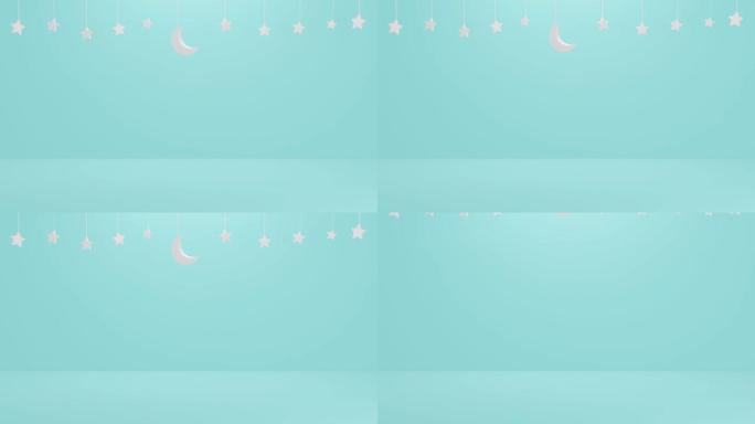 蓝天极简主义新月，带有星星，伊斯兰，用于活动，假期等。3d插图渲染。穆巴拉克销售概念。极简主义设计图