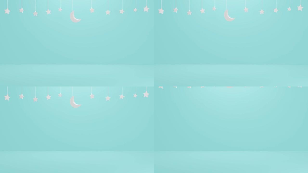 蓝天极简主义新月，带有星星，伊斯兰，用于活动，假期等。3d插图渲染。穆巴拉克销售概念。极简主义设计图