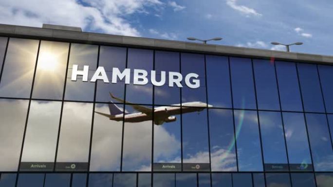 飞机降落在德国汉堡机场，在航站楼中镜像