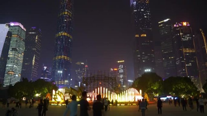 夜间照明广州市著名市中心拥挤广场全景4k中国