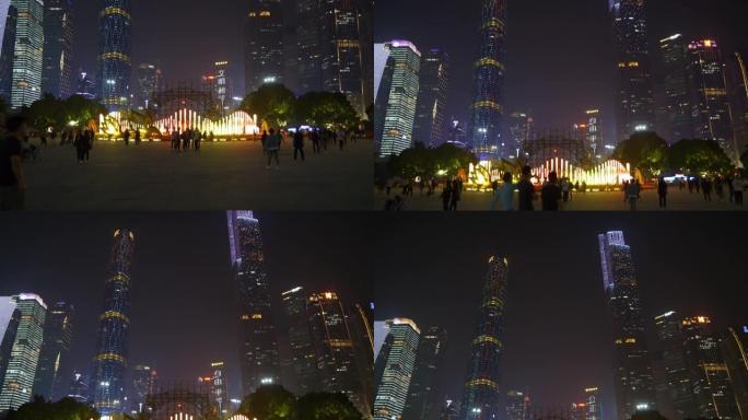 夜间照明广州市著名市中心拥挤广场全景4k中国