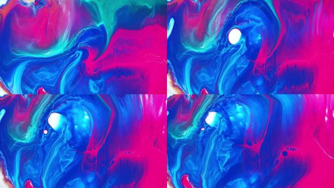 流体艺术绘画视频，抽象丙烯酸纹理与彩色波浪。液体油漆混合背景与飞溅和漩涡。详细的背景运动与蓝色，粉红