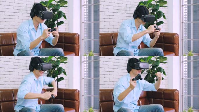 亚洲人用操纵杆和耳机玩虚拟现实游戏并在家里赢得游戏