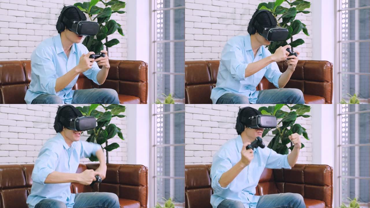 亚洲人用操纵杆和耳机玩虚拟现实游戏并在家里赢得游戏
