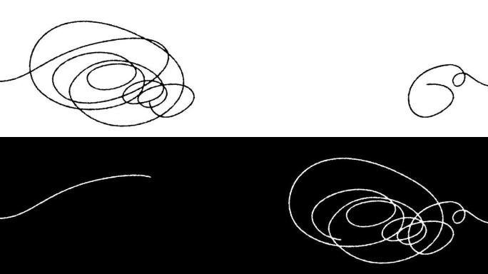 动画黑色手绘缠结着潦草、涂鸦、圆圈。涂鸦线程绘制混乱的抽象背景。线的自画动画。阿尔法通道。用于动态网