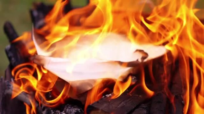 炭上的明亮火焰。白纸掉进火里烧尽。烧烤用木原木燃烧。慢动作。