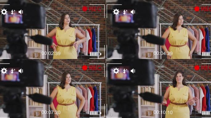 女性时尚视频记录器上的数字接口摄像机屏幕动画在家录制视频日志