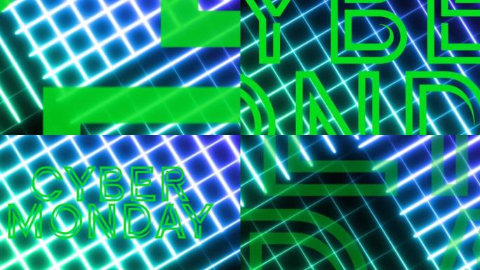 霓虹灯发光网格背景上的网络星期一霓虹灯绿色文本动画