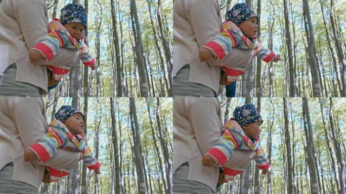 母亲带着婴儿在山毛榉树林里散步，阳光照在他们身后。