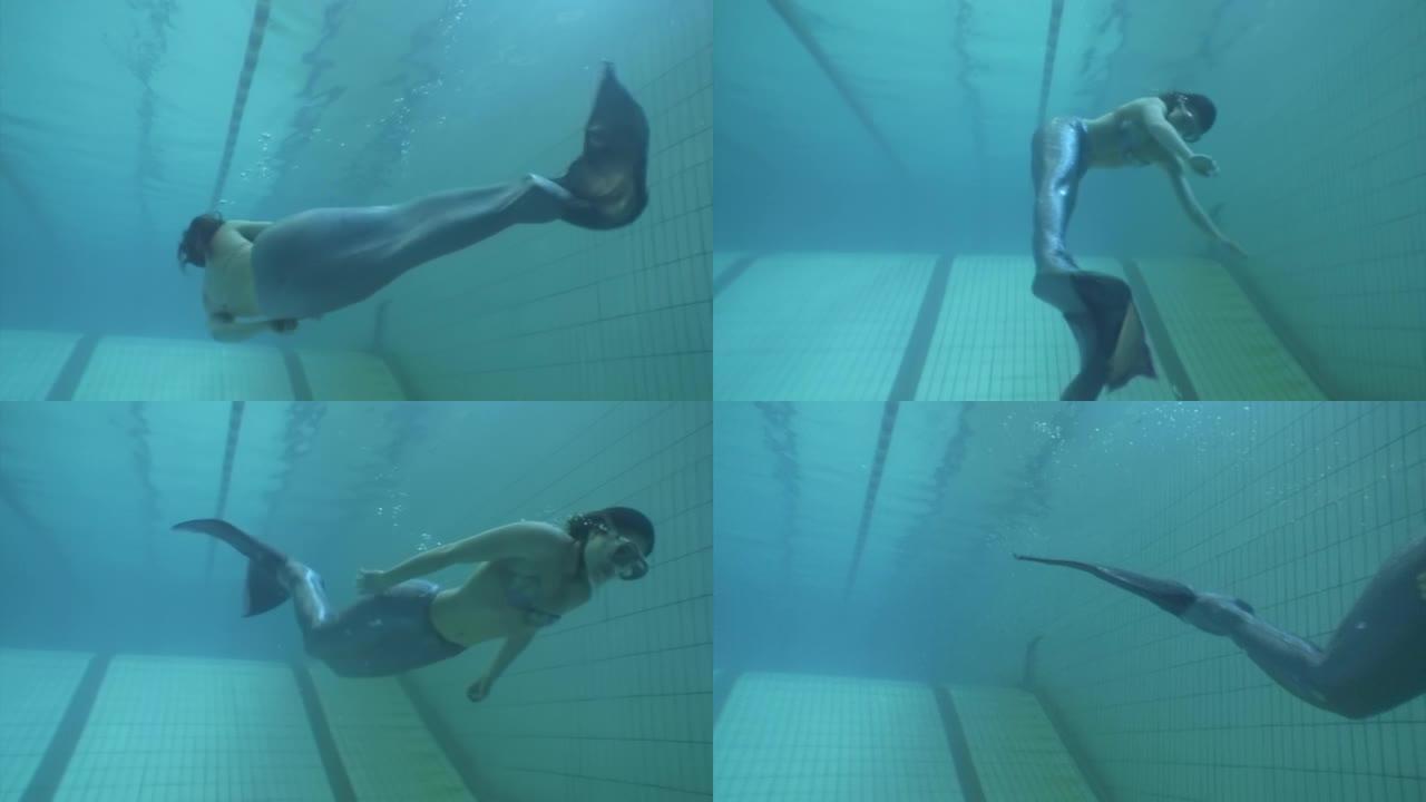 游泳池里的水下模型美人鱼服装。