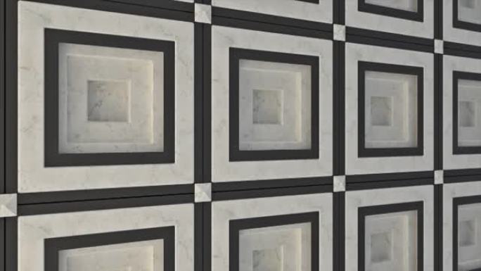 用大理石雕刻的黑白正方形抽象墙。动画。沿着对称墙移动，建筑概念