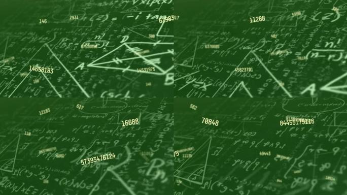 绿色背面的数学方程式浮动的多个变化数字的数字动画