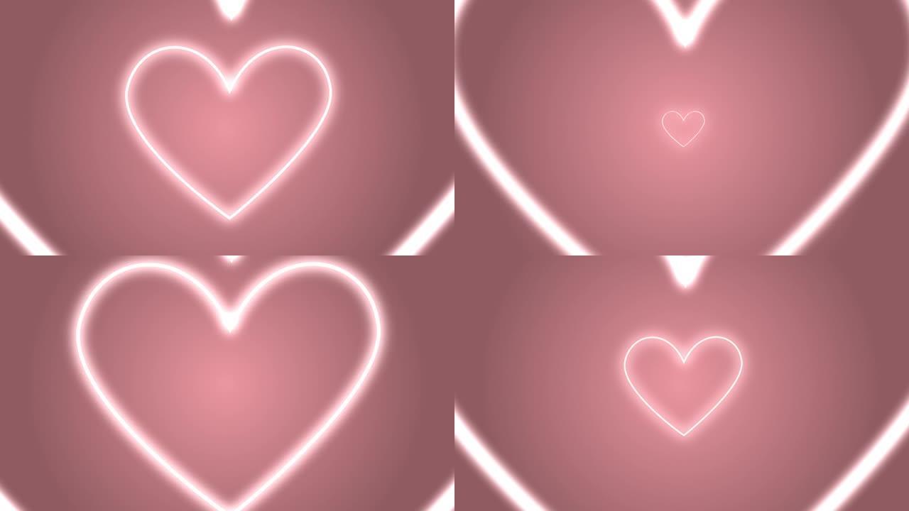 粉色美丽心形流动隧道快速无缝，抽象浪漫未来背景，循环3d动画，圣诞节和情人节，爱情关系节日活动