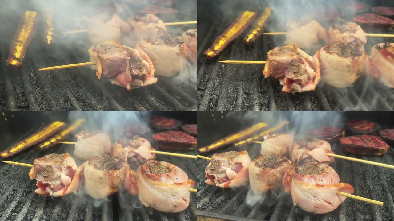 烤鹿肉培根包裹里脊肉在西科罗拉多4k视频系列燃气烤架上煮熟