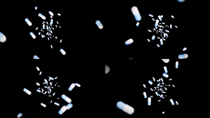 在黑色背景上飞行许多医用胶囊。医学和制药概念。蓝色药丸胶囊旋转的3D动画。循环动画。