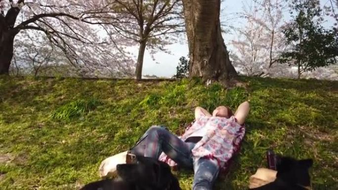 女人躺在樱花树下的草地上相机倾斜