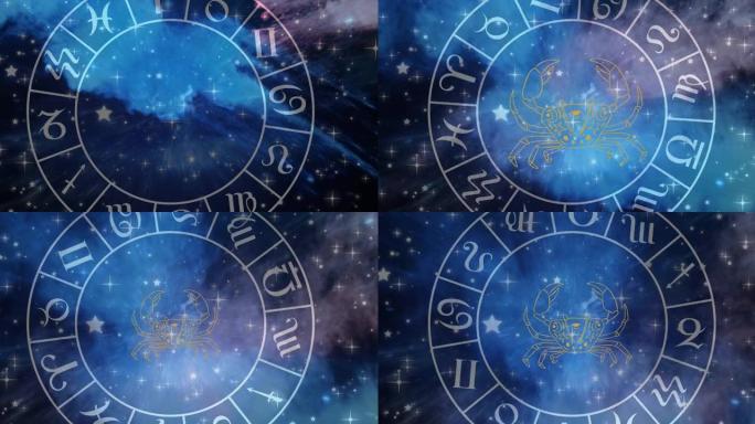 旋转的星座轮在发光的星星上的癌症星座符号符号动画