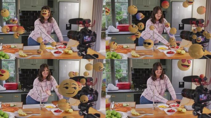 女性烹饪视频记录器上的表情图标动画在家录制视频日志