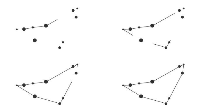 摩羯座星座。夜空中的星星。黑白线条艺术风格的星座。星系团。横向构图，4k视频质量