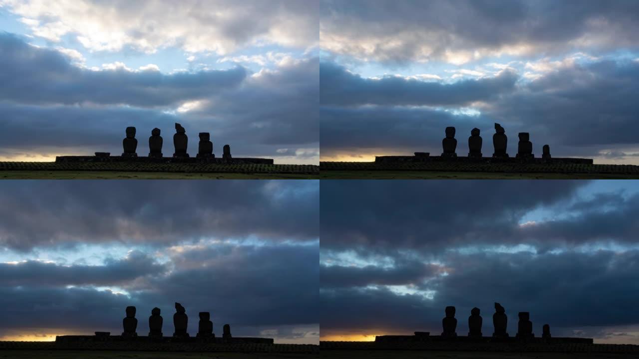 日落时的阿胡塔海。智利复活节岛拉帕努伊海岸的Timelapse古摩艾雕像