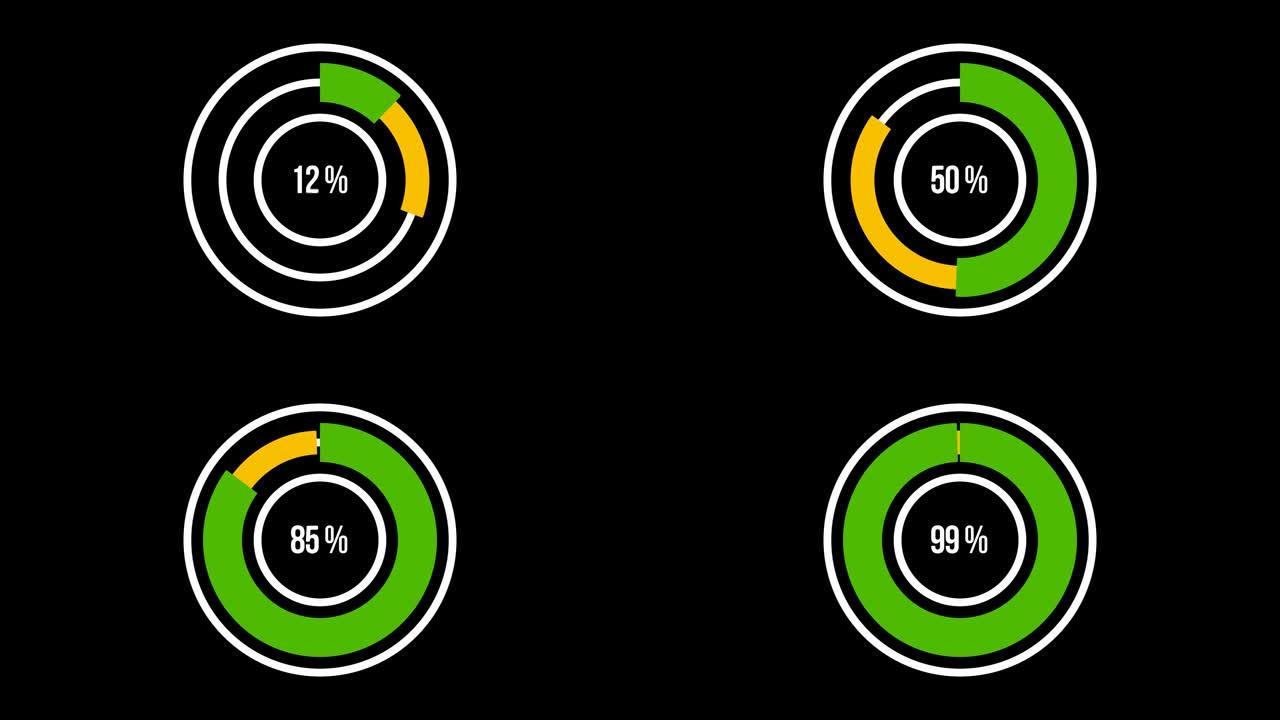 加载圆圈动画。动画橙色绿色4k加载栏与阿尔法通道。动态视频0%-100%。在黑色背景上加载圆圈。下载