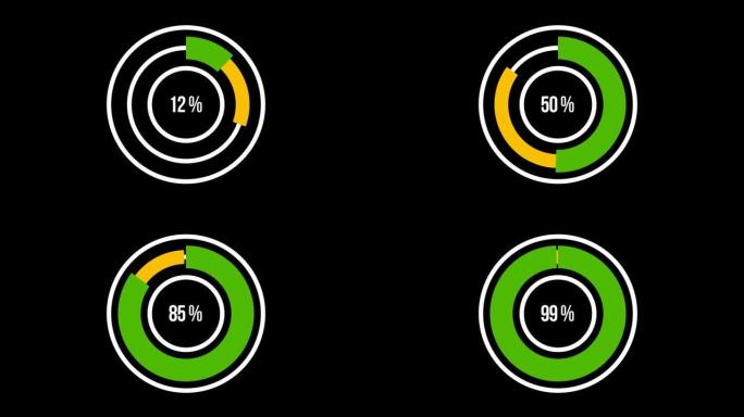 加载圆圈动画。动画橙色绿色4k加载栏与阿尔法通道。动态视频0%-100%。在黑色背景上加载圆圈。下载