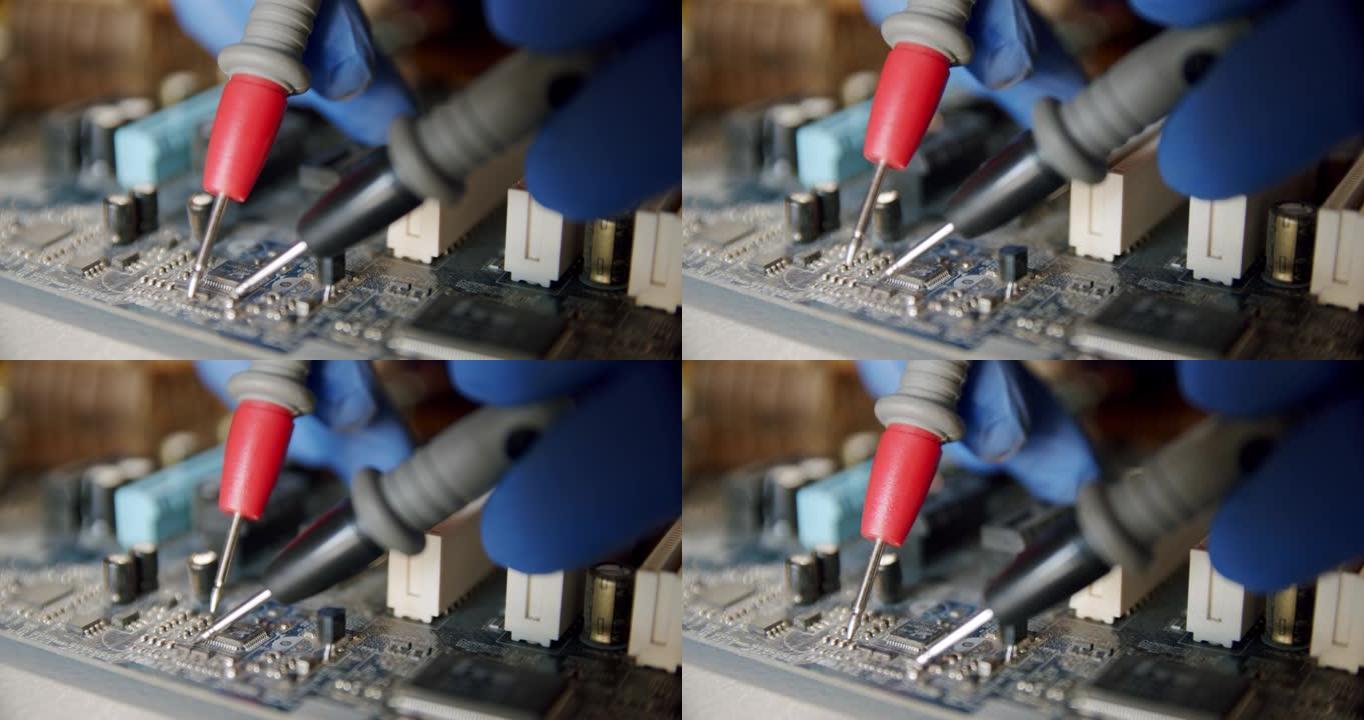 电子维修服务中的修理工通过测试仪检查设备的适用性，关闭